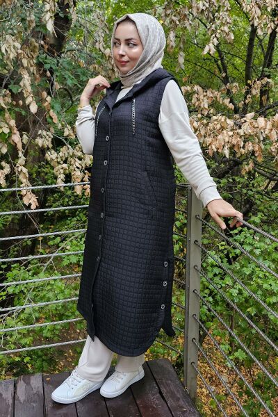 KADIN CEPLİ ETEK UCU DÜĞME DETAYLI TESETTÜR YELEK SİYAH - 5 BEDEN