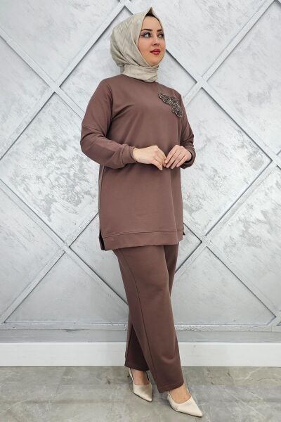 KADIN DİKME DETAYLI TESETTÜR TAKIM VİZON - 3XL