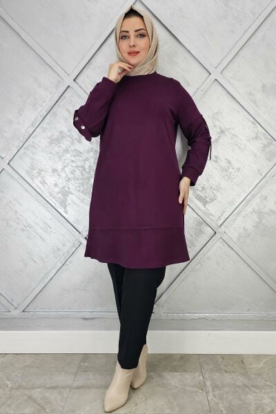 KADIN KOL DÜĞME DETAYLI TESETTÜR TUNİK MOR - 4 BEDEN