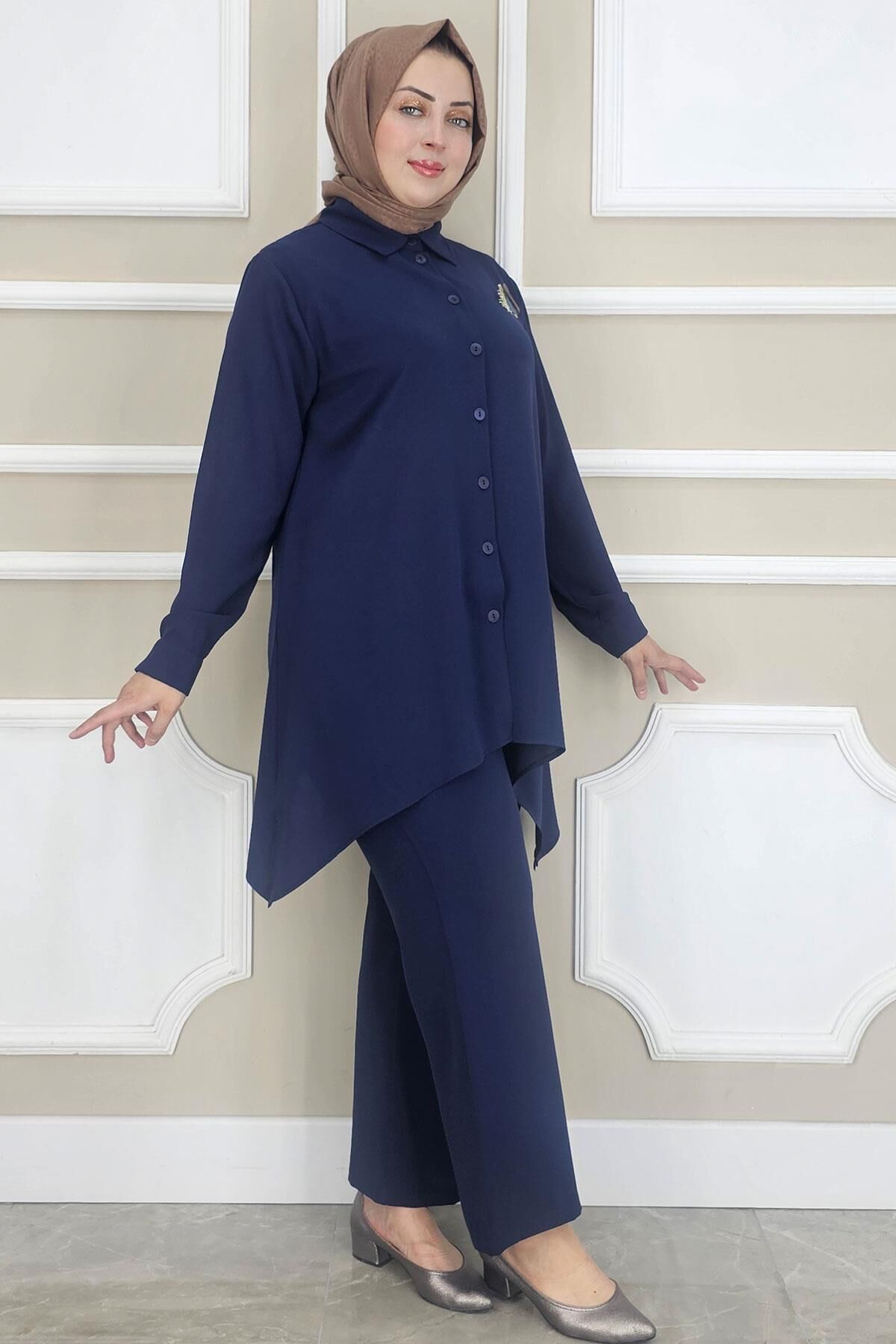 PYS KADIN BROŞ DETAYLI TESETTÜR TAKIM LACİVERT - 5 BEDEN