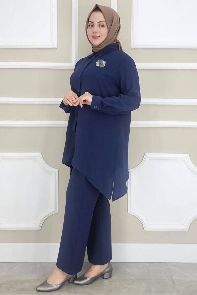 PYS KADIN BROŞ DETAYLI TESETTÜR TAKIM LACİVERT - 5 BEDEN