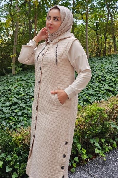 KADIN CEPLİ ETEK UCU DÜĞME DETAYLI TESETTÜR YELEK KREM - 2 BEDEN