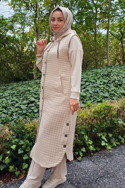 KADIN CEPLİ ETEK UCU DÜĞME DETAYLI TESETTÜR YELEK KREM - 2 BEDEN