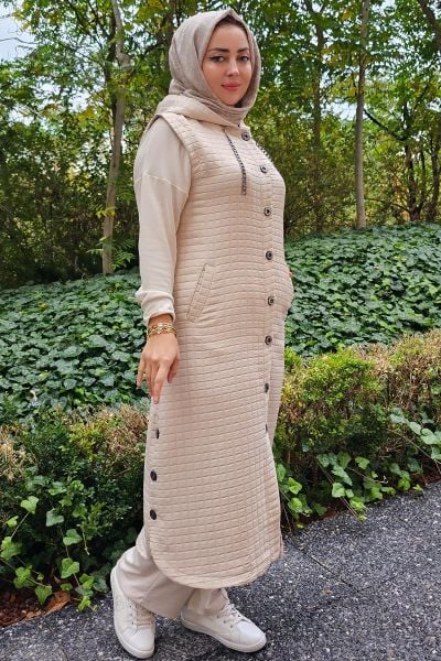 KADIN CEPLİ ETEK UCU DÜĞME DETAYLI TESETTÜR YELEK KREM - 2 BEDEN