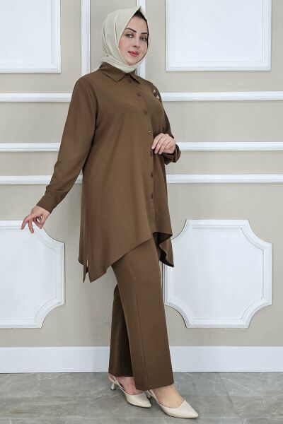 PYS KADIN BROŞ DETAYLI TESETTÜR TAKIM KAHVERENGİ - 3 BEDEN