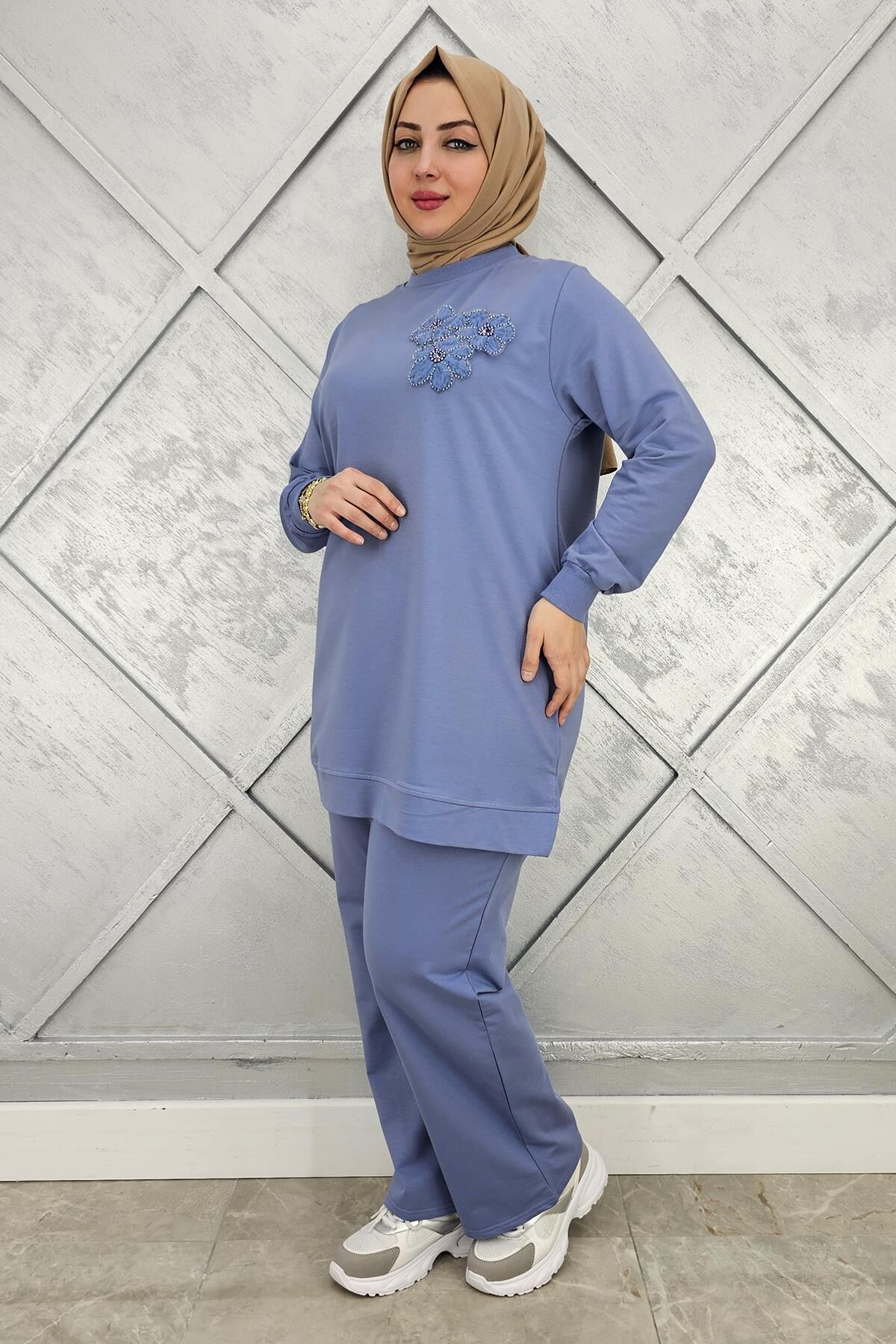 KADIN DİKME DETAYLI TESETTÜR TAKIM MAVİ - 2XL