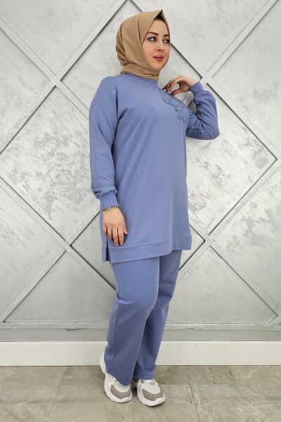 KADIN DİKME DETAYLI TESETTÜR TAKIM MAVİ - 2XL