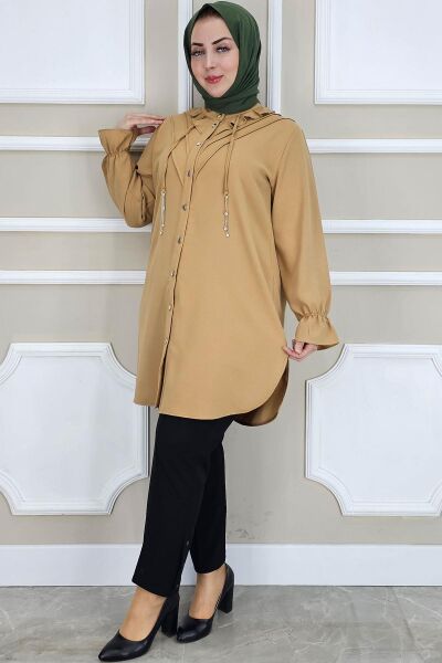 KADIN FIRFIR DETAYLI TESETTÜR GÖMLEK KAHVERENGİ - 5 BEDEN