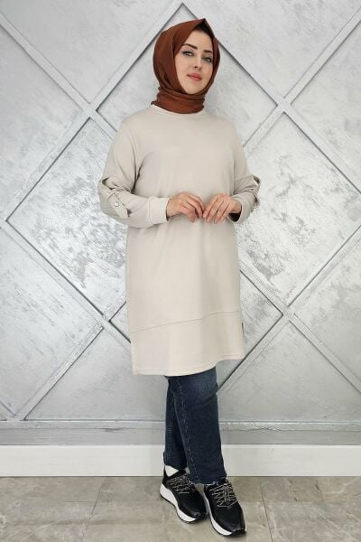 KADIN KOL DÜĞME DETAYLI TESETTÜR TUNİK BEJ - 3 BEDEN