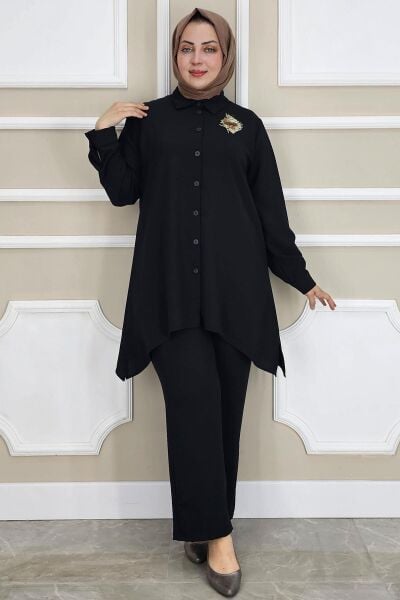 PYS KADIN BROŞ DETAYLI TESETTÜR TAKIM SİYAH - 3 BEDEN