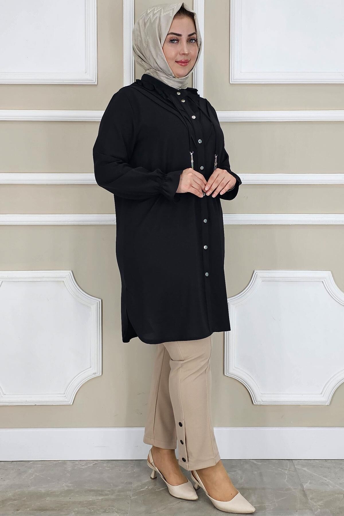 KADIN FIRFIR DETAYLI TESETTÜR GÖMLEK SİYAH - 4 BEDEN