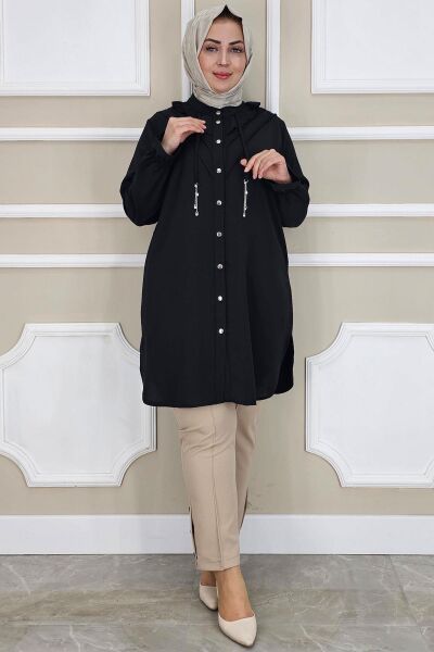 KADIN FIRFIR DETAYLI TESETTÜR GÖMLEK SİYAH - 4 BEDEN