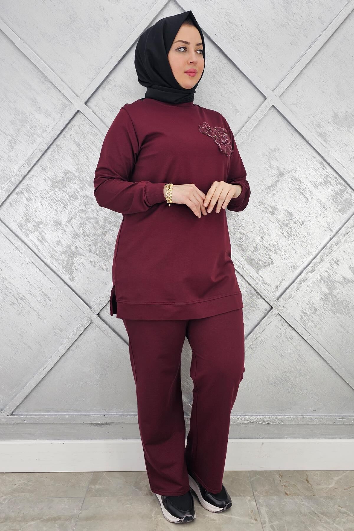 KADIN DİKME DETAYLI TESETTÜR TAKIM BORDO - L