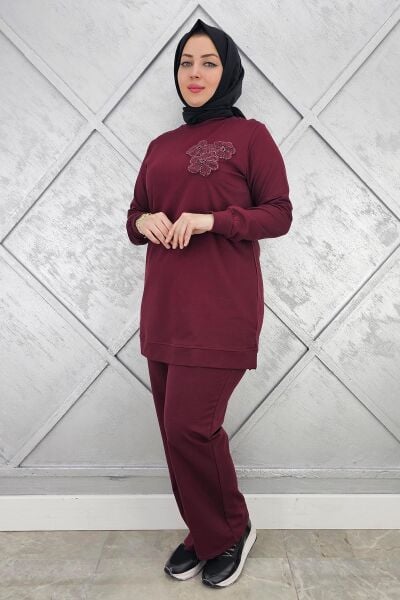 KADIN DİKME DETAYLI TESETTÜR TAKIM BORDO - L