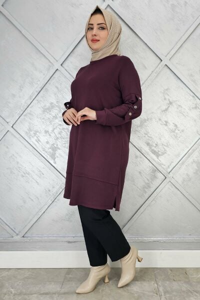 KADIN KOL DÜĞME DETAYLI TESETTÜR TUNİK BORDO - 4 BEDEN