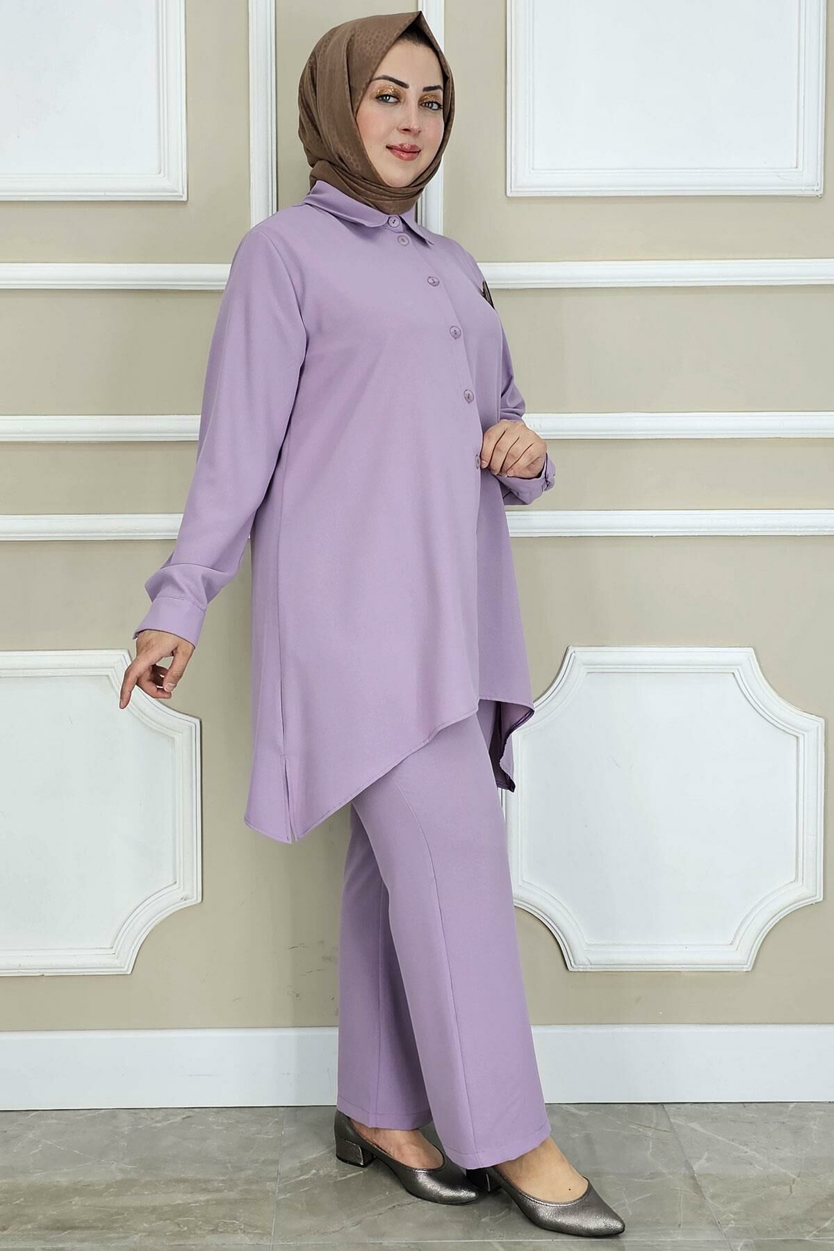 PYS KADIN BROŞ DETAYLI TESETTÜR TAKIM LİLA - 2 BEDEN