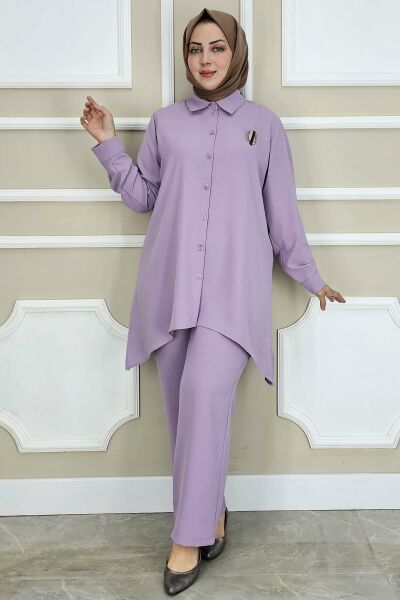 PYS KADIN BROŞ DETAYLI TESETTÜR TAKIM LİLA - 2 BEDEN
