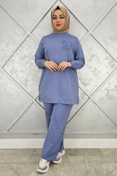 KADIN DİKME DETAYLI TESETTÜR TAKIM MAVİ - L