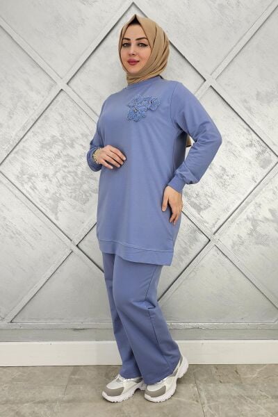 KADIN DİKME DETAYLI TESETTÜR TAKIM MAVİ - 3XL