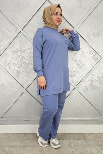 KADIN DİKME DETAYLI TESETTÜR TAKIM MAVİ - 3XL