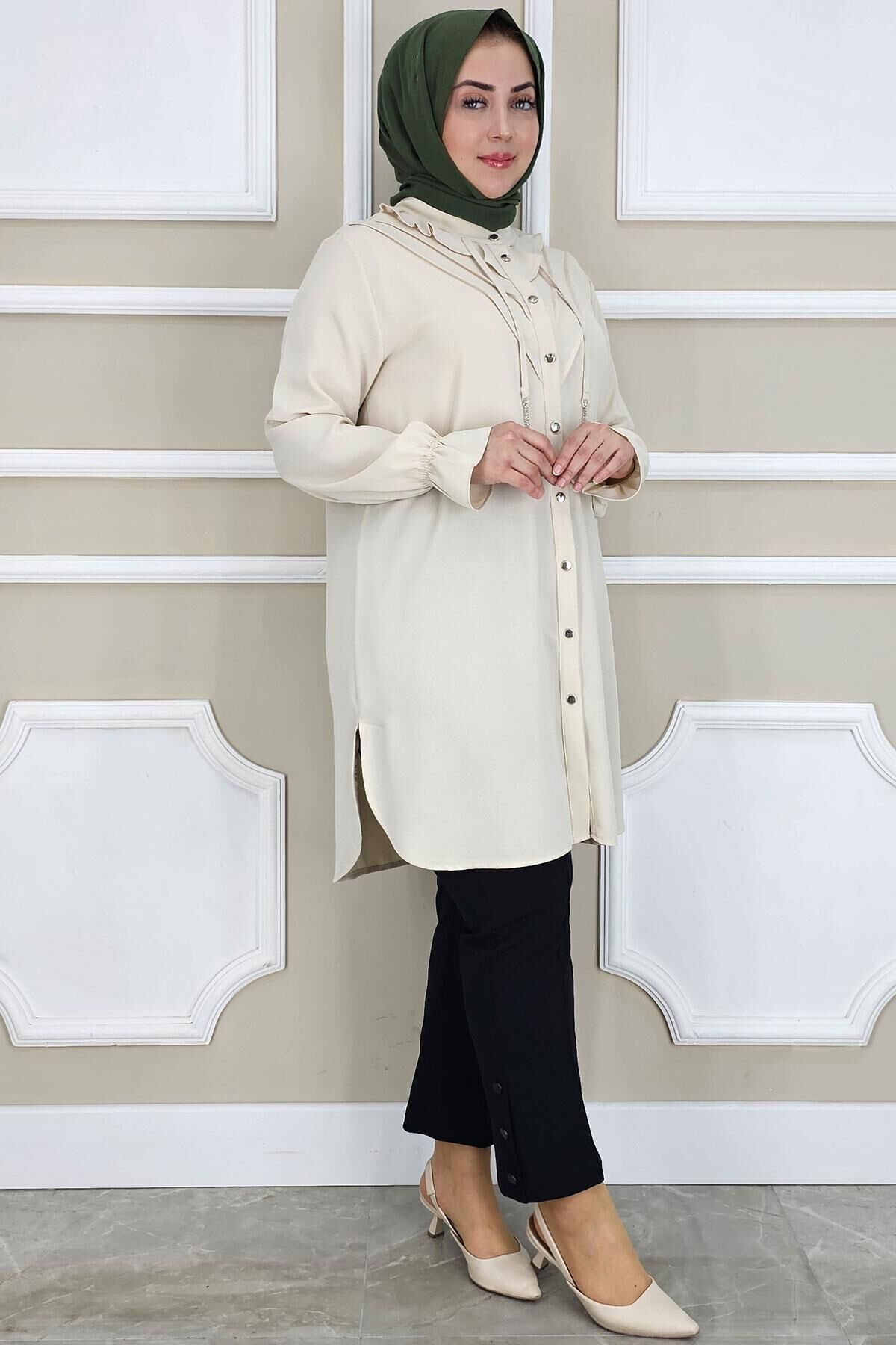 KADIN FIRFIR DETAYLI TESETTÜR GÖMLEK TAŞ - 5 BEDEN