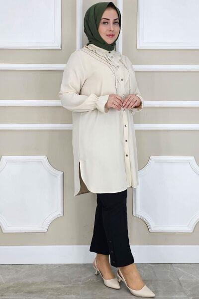 KADIN FIRFIR DETAYLI TESETTÜR GÖMLEK TAŞ - 5 BEDEN