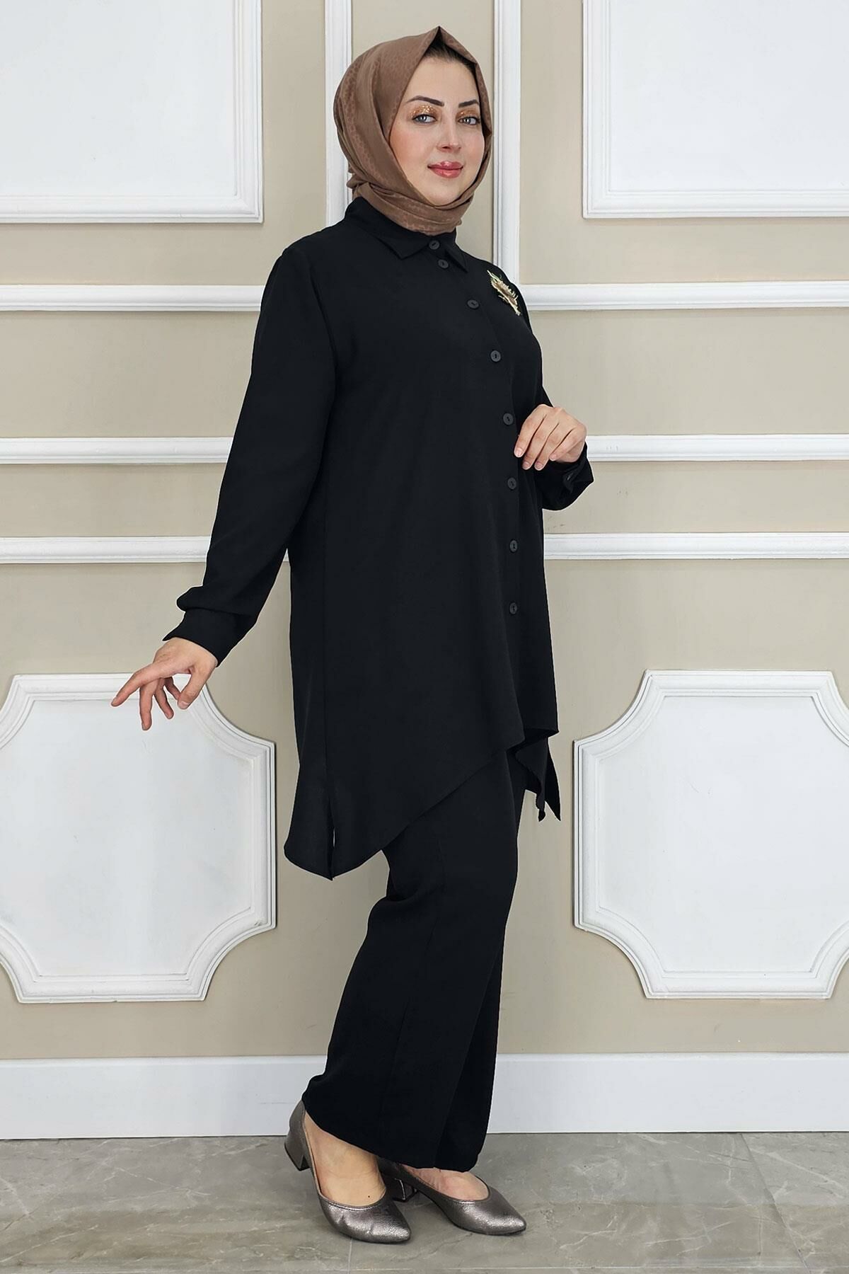 PYS KADIN BROŞ DETAYLI TESETTÜR TAKIM SİYAH - 2 BEDEN