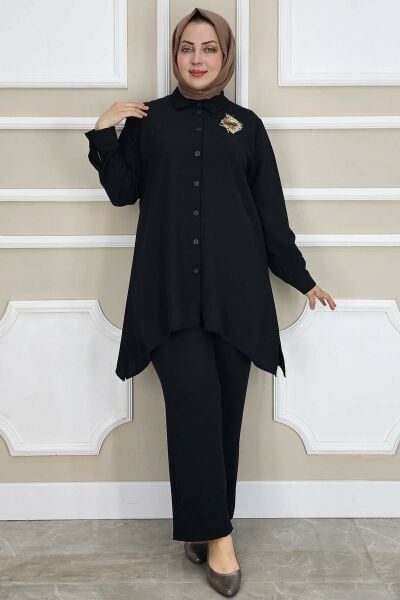 PYS KADIN BROŞ DETAYLI TESETTÜR TAKIM SİYAH - 2 BEDEN