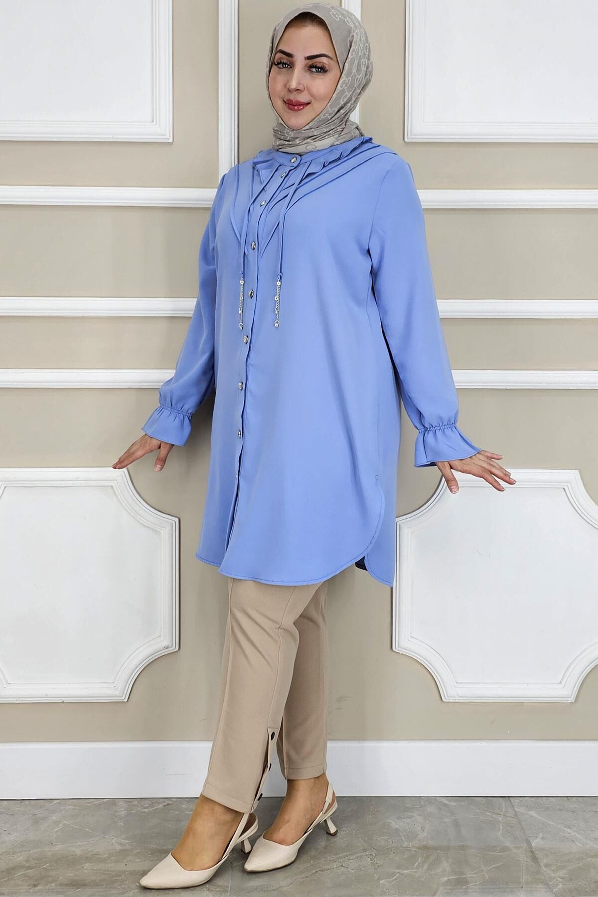 KADIN FIRFIR DETAYLI TESETTÜR GÖMLEK MAVİ - 2 BEDEN