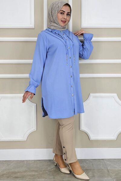 KADIN FIRFIR DETAYLI TESETTÜR GÖMLEK MAVİ - 2 BEDEN