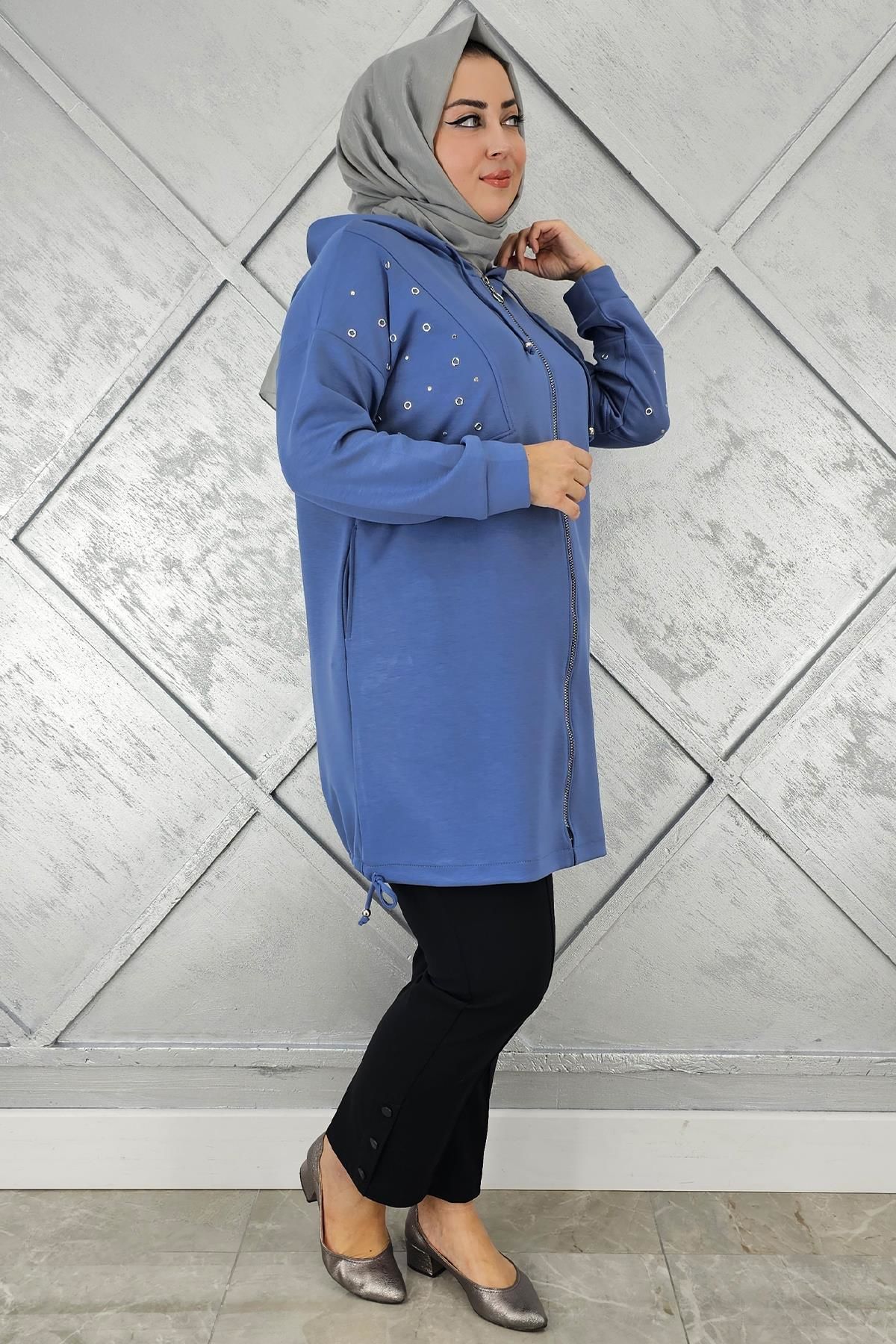 KADIN TAŞ DETAYLI KAPÜŞONLU TESETTÜR GİY ÇIK İNDİGO - 3 BEDEN