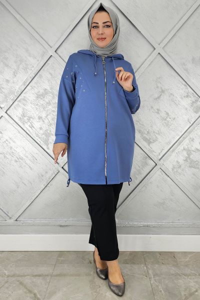 KADIN TAŞ DETAYLI KAPÜŞONLU TESETTÜR GİY ÇIK İNDİGO - 3 BEDEN