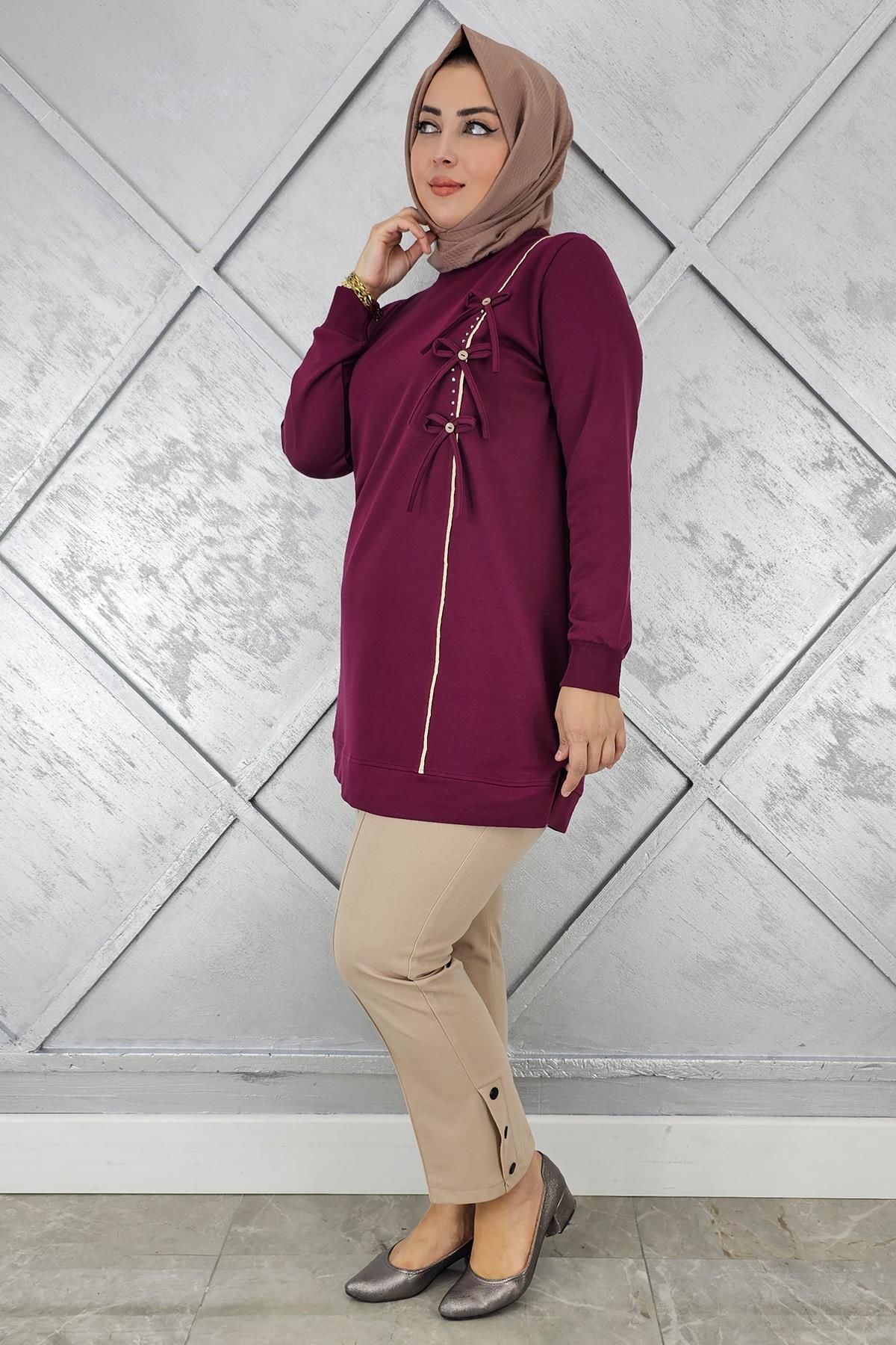 KADIN DÜĞME TAŞ DETAYLI BİYELİ TESETTÜR TUNİK BORDO - L