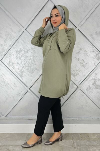 KADIN TAŞ DETAYLI KAPÜŞONLU TESETTÜR GİY ÇIK HAKİ - 3 BEDEN