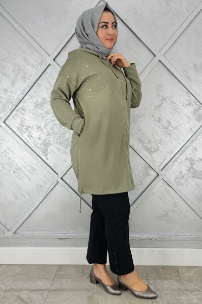 KADIN TAŞ DETAYLI KAPÜŞONLU TESETTÜR GİY ÇIK HAKİ - 3 BEDEN