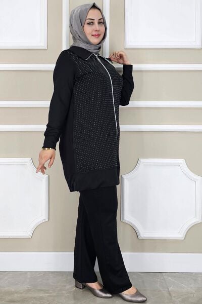 PYS KADIN BEDEN TAŞ DETAYLI TESETTÜR TAKIM SİYAH - 2 BEDEN
