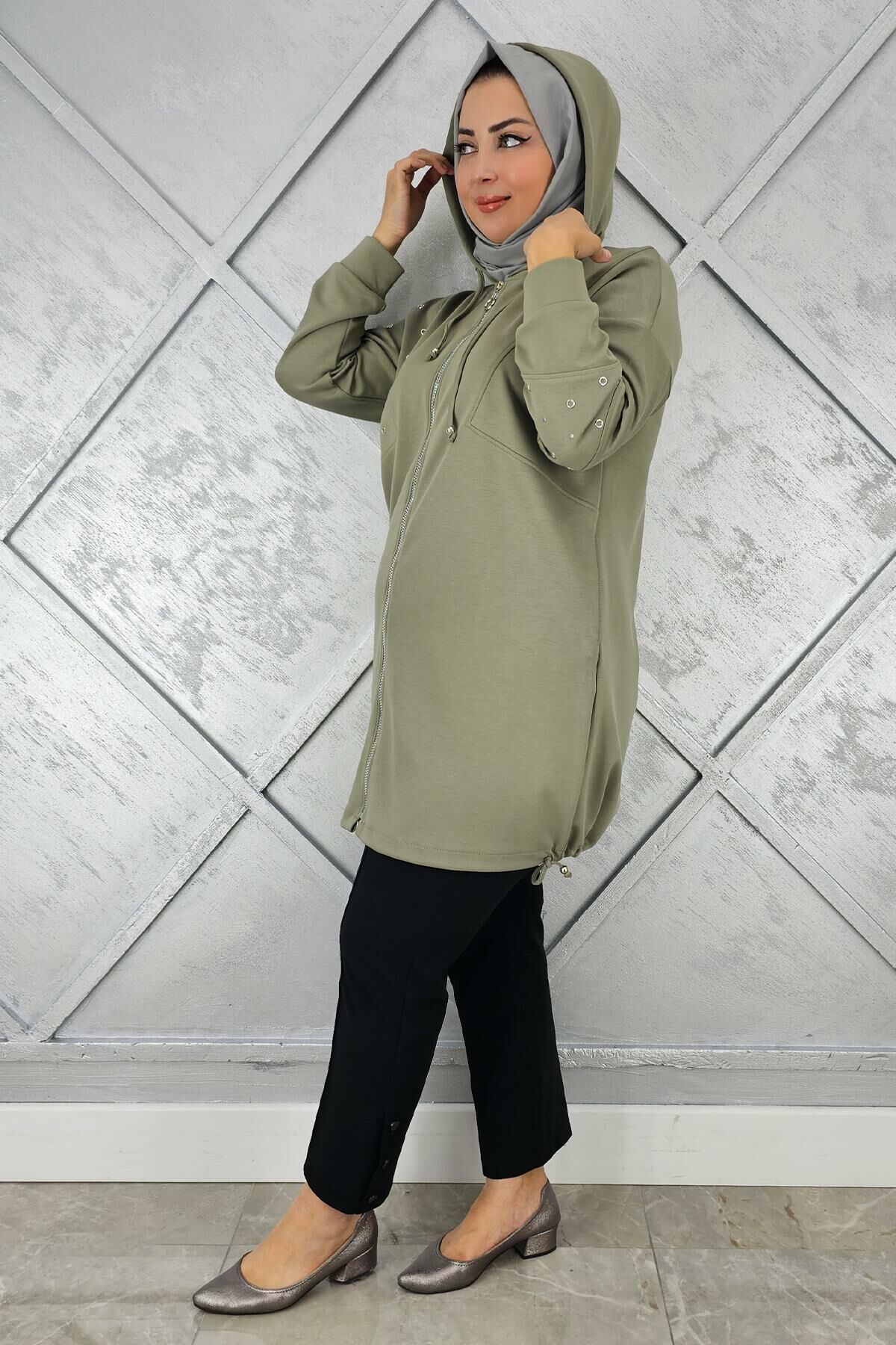 KADIN TAŞ DETAYLI KAPÜŞONLU TESETTÜR GİY ÇIK HAKİ - 4 BEDEN