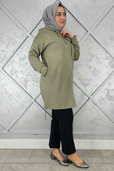 KADIN TAŞ DETAYLI KAPÜŞONLU TESETTÜR GİY ÇIK HAKİ - 4 BEDEN