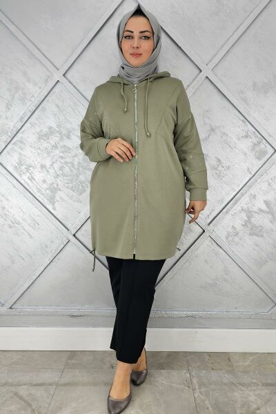 KADIN TAŞ DETAYLI KAPÜŞONLU TESETTÜR GİY ÇIK HAKİ - 4 BEDEN