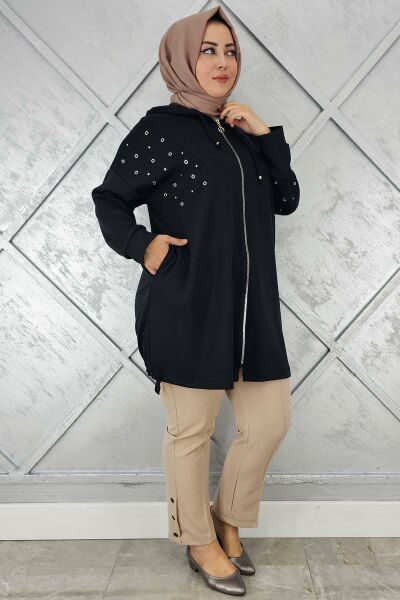 KADIN TAŞ DETAYLI KAPÜŞONLU TESETTÜR GİY ÇIK SİYAH - 4 BEDEN