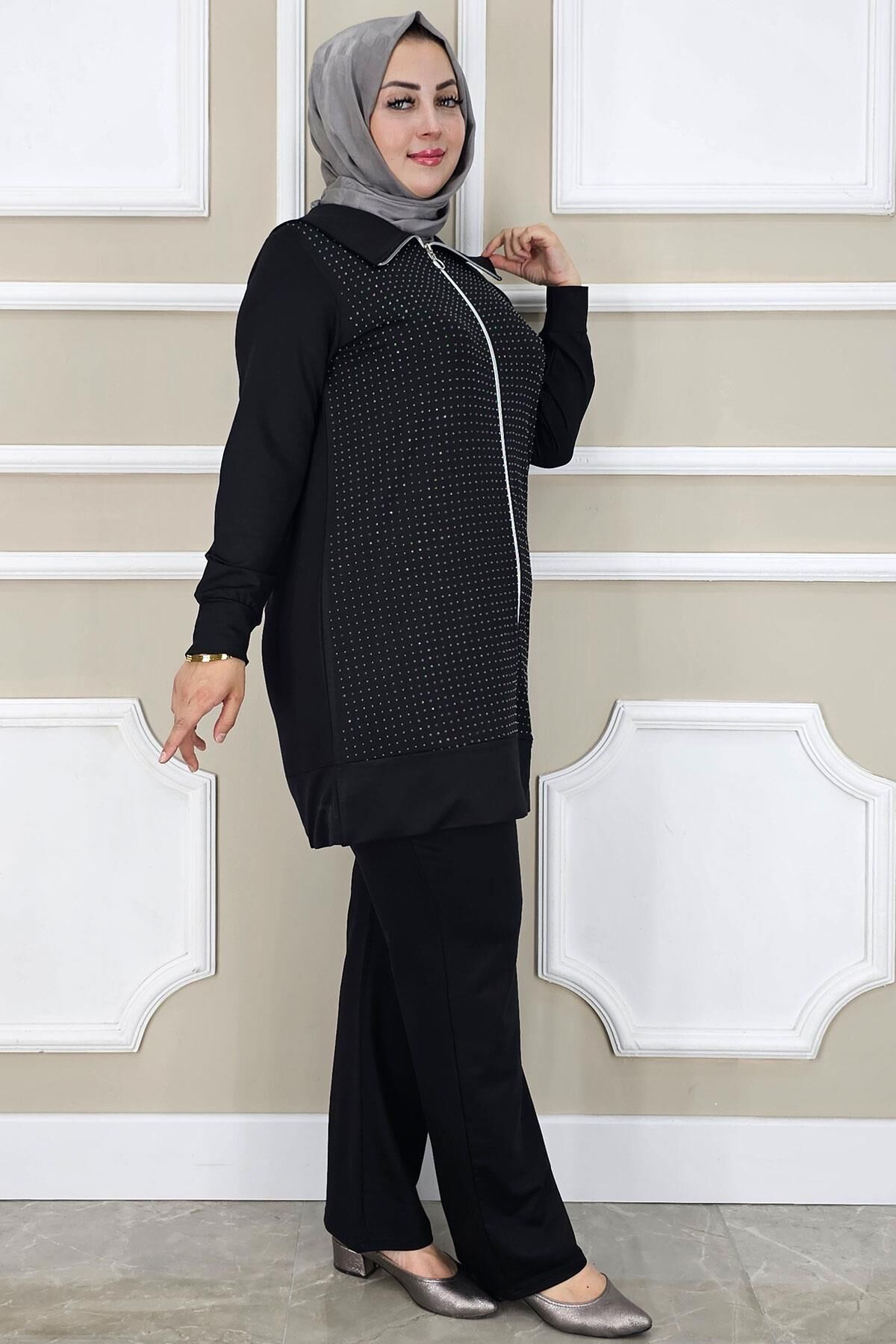 PYS KADIN BEDEN TAŞ DETAYLI TESETTÜR TAKIM SİYAH - 5 BEDEN