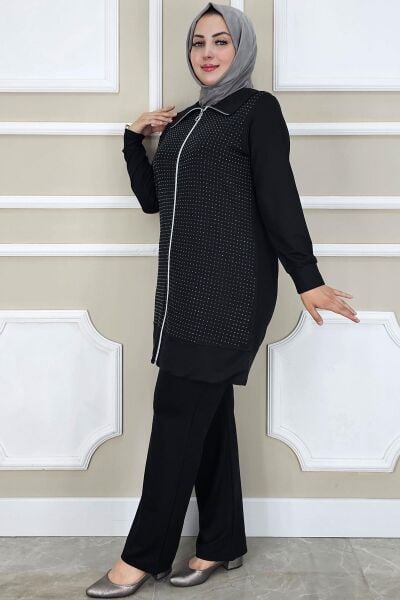PYS KADIN BEDEN TAŞ DETAYLI TESETTÜR TAKIM SİYAH - 5 BEDEN