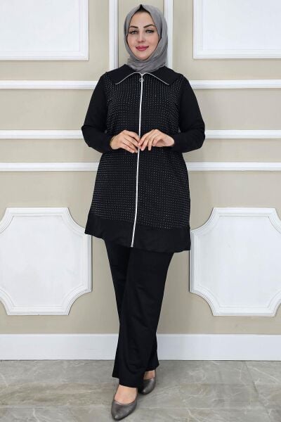 PYS KADIN BEDEN TAŞ DETAYLI TESETTÜR TAKIM SİYAH - 5 BEDEN