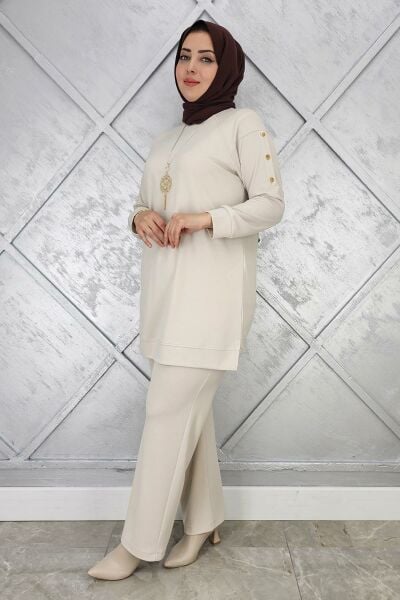 KADIN KOL KISMI ÇIT ÇIT DETAYLI KOLYELİ TESETTÜR TAKIM BEJ - 5 BEDEN