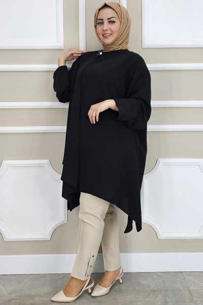 PYS KADIN ASİMETRİK KESİM YAKA KISMI BROŞ DETAYLI TESETTÜR TUNİK SİYAH - 2 BEDEN