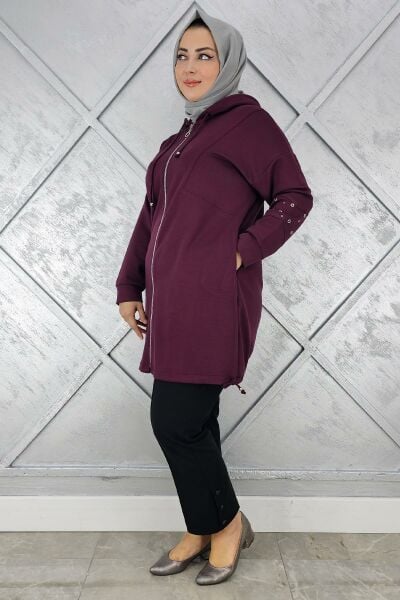 KADIN TAŞ DETAYLI KAPÜŞONLU TESETTÜR GİY ÇIK BORDO - 3 BEDEN