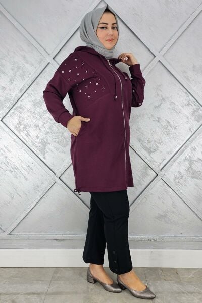 KADIN TAŞ DETAYLI KAPÜŞONLU TESETTÜR GİY ÇIK BORDO - 3 BEDEN