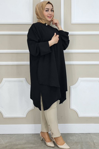 PYS KADIN ASİMETRİK KESİM YAKA KISMI BROŞ DETAYLI TESETTÜR TUNİK SİYAH - 5 BEDEN