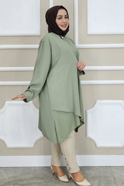 PYS KADIN ASİMETRİK KESİM YAKA KISMI BROŞ DETAYLI TESETTÜR TUNİK MİNT YEŞİLİ - 2 BEDEN
