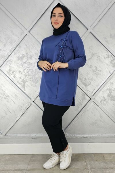 KADIN DÜĞME TAŞ DETAYLI BİYELİ TESETTÜR TUNİK İNDİGO - 2XL